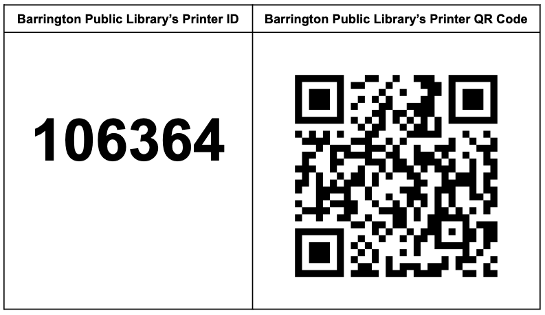 An image of the library printer's QR code and ID 106364.